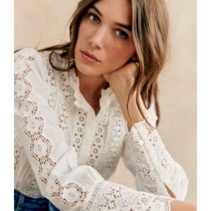 Sezane White (Ecru) Long-Sleeve Button Down Cotton Lace Blouse/Shirt sz S